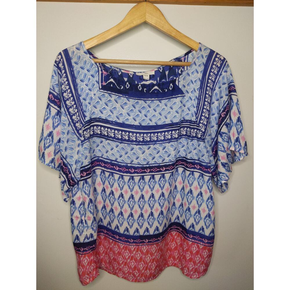 BLL New York Blue Pink Ikat Print Boho Flowy Top Medium Viscose Lightweight